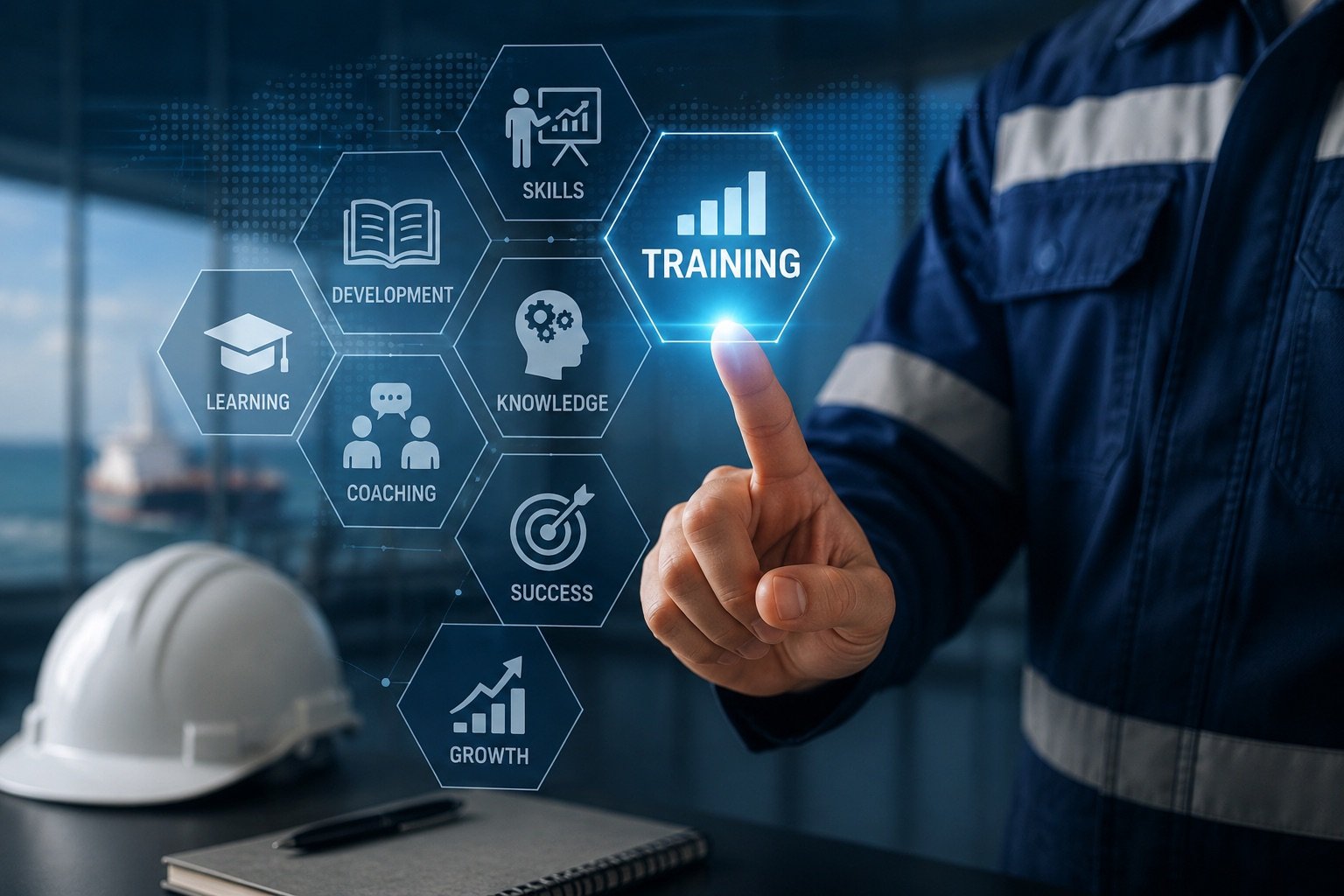 Maritime training concept with a ship's officer selecting skills, knowledge and development icons